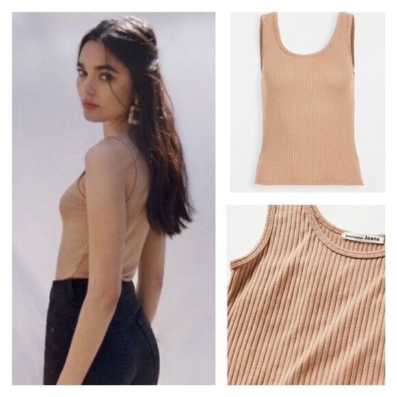 Reformation Crew Neck Ribbed Tank Top XS Tan Beige Neutral Stretch Layering - Picture 1 of 9